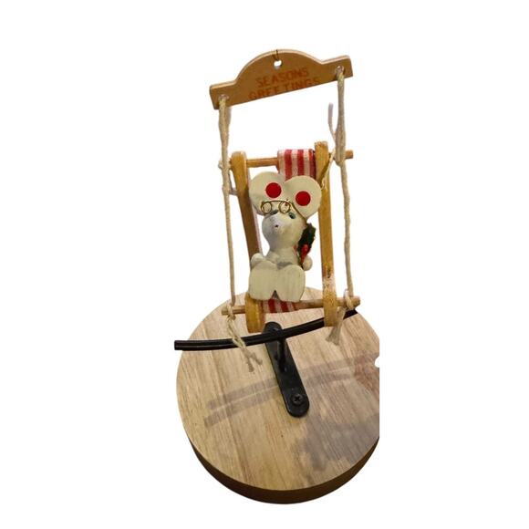 1970s Vintage Christmas White Mouse on Wooden Swing Chair Ornament Holiday Decor - Picture 3 of 6